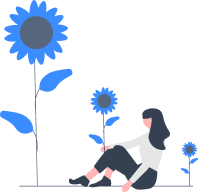 Woman sitting down looking at POWR apps surrounded by blue flowers