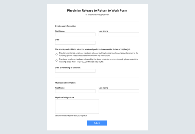 Physician Release to Return to Work Form