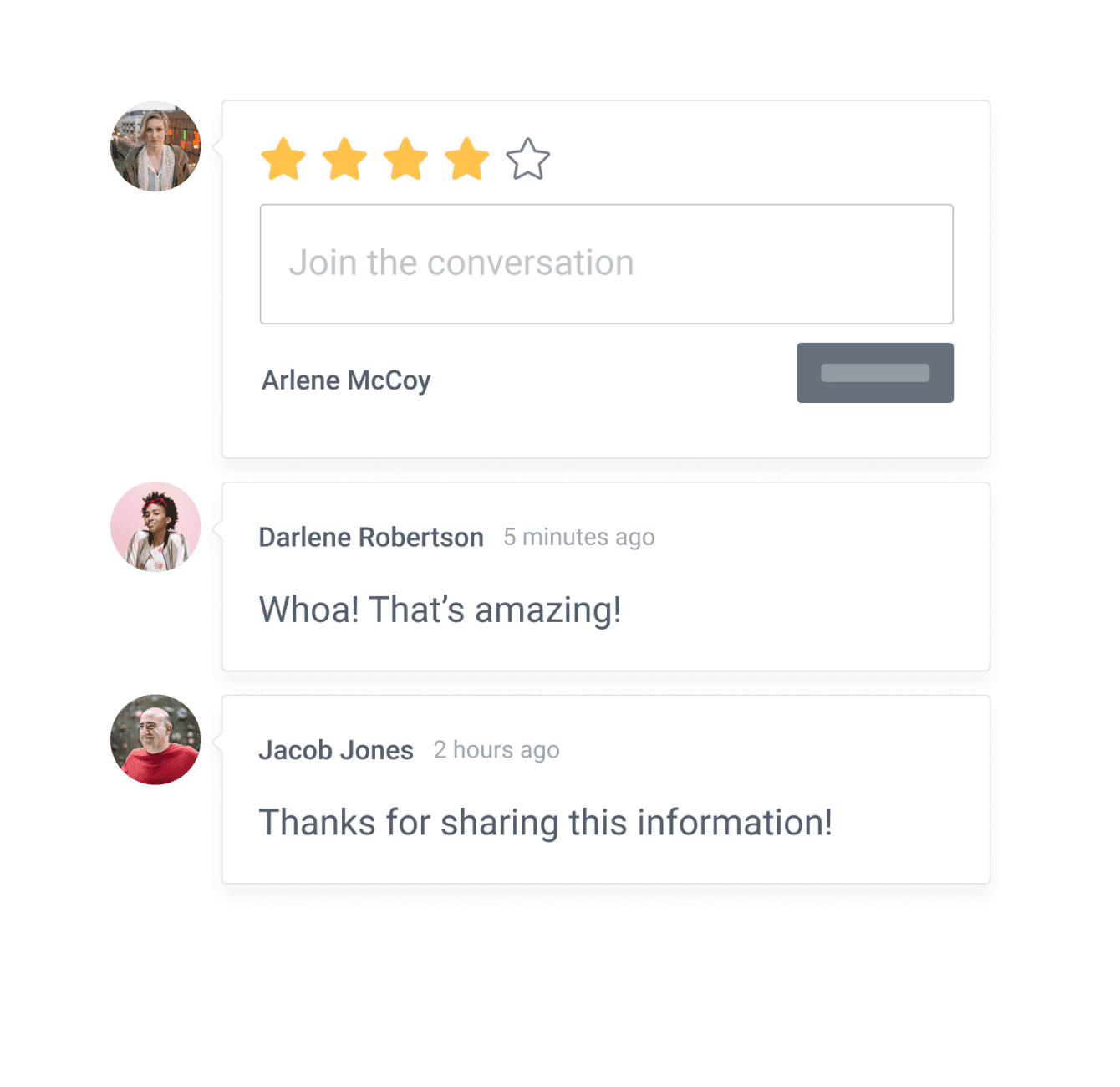 Comments app by POWR with star ratings and two comments with avatars.