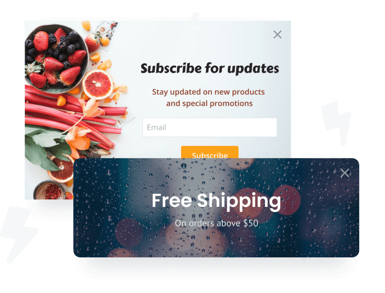Email sign up popup and free shipping popup example images created with POWR Popup.