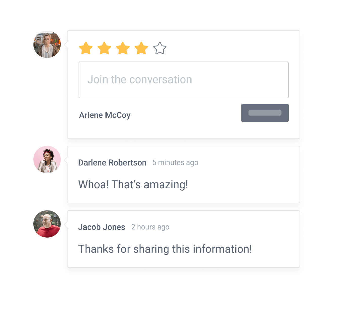 Comments app by POWR with star ratings and two comments with avatars.