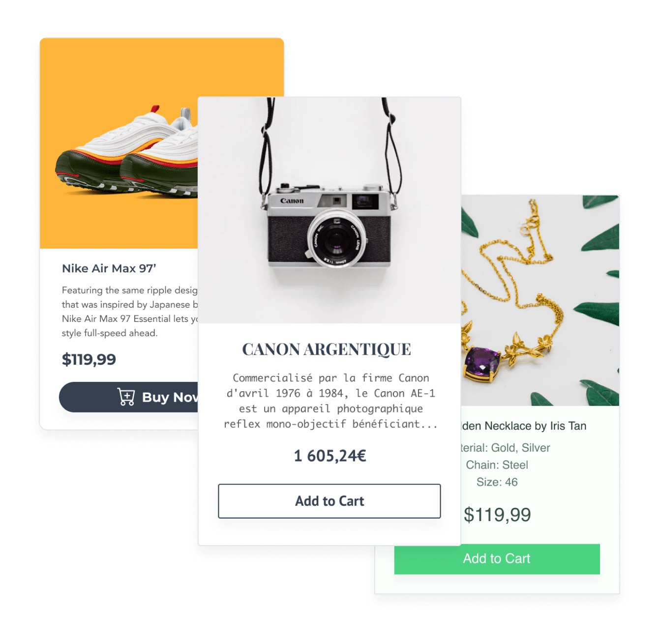 Product images with product information and an add to cart button created with POWR eCommerce.