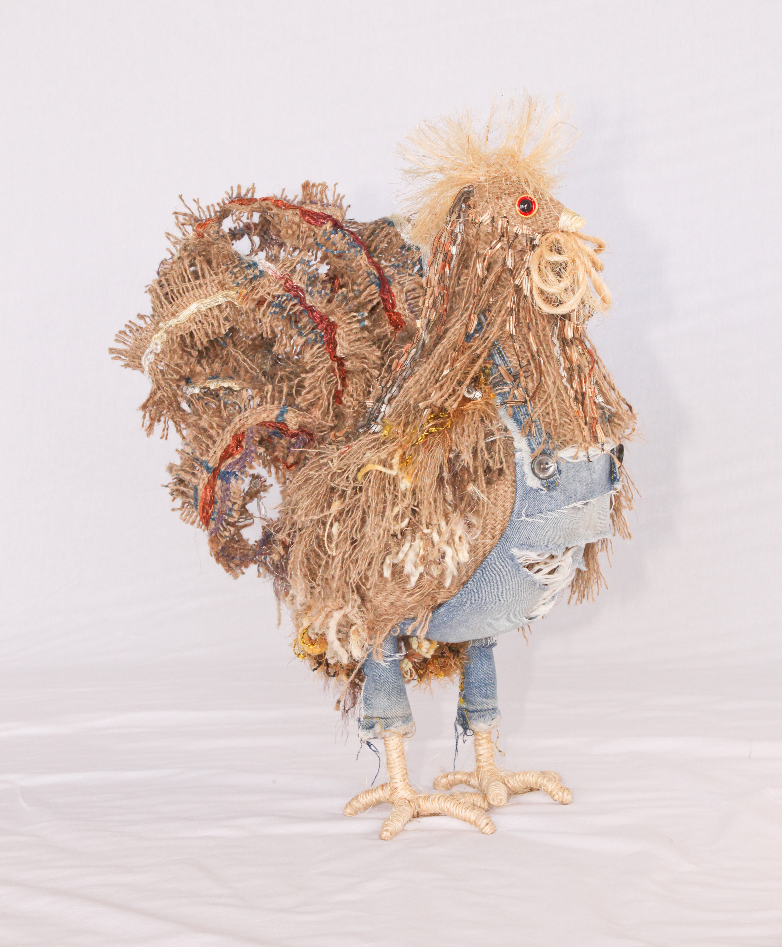 "Farm Boy"- Rooster. Made from recycled hemp over wire, a unique hand made sculpture with lots of character.   Size: 60cm (H) x 42cm (L) x 34cm (W).  